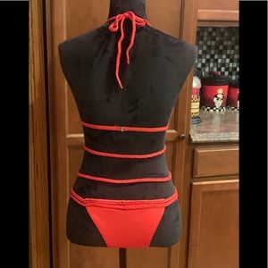 Women's Sexy Red Braid Halter Cutout Brazilian 2PCS Bikini Sets Swimsuit, Sz Med